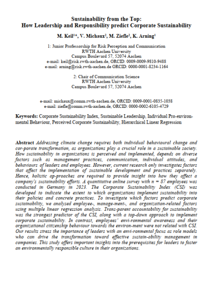 Sustainability from the Top: How Leadership and Responsibility predict  Corporate Sustainability